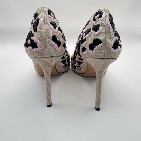 Jimmy Choo Woven Raffia Leopard Pink Black Natural Motif Romy Pumps Heels - Picture 8 of 12